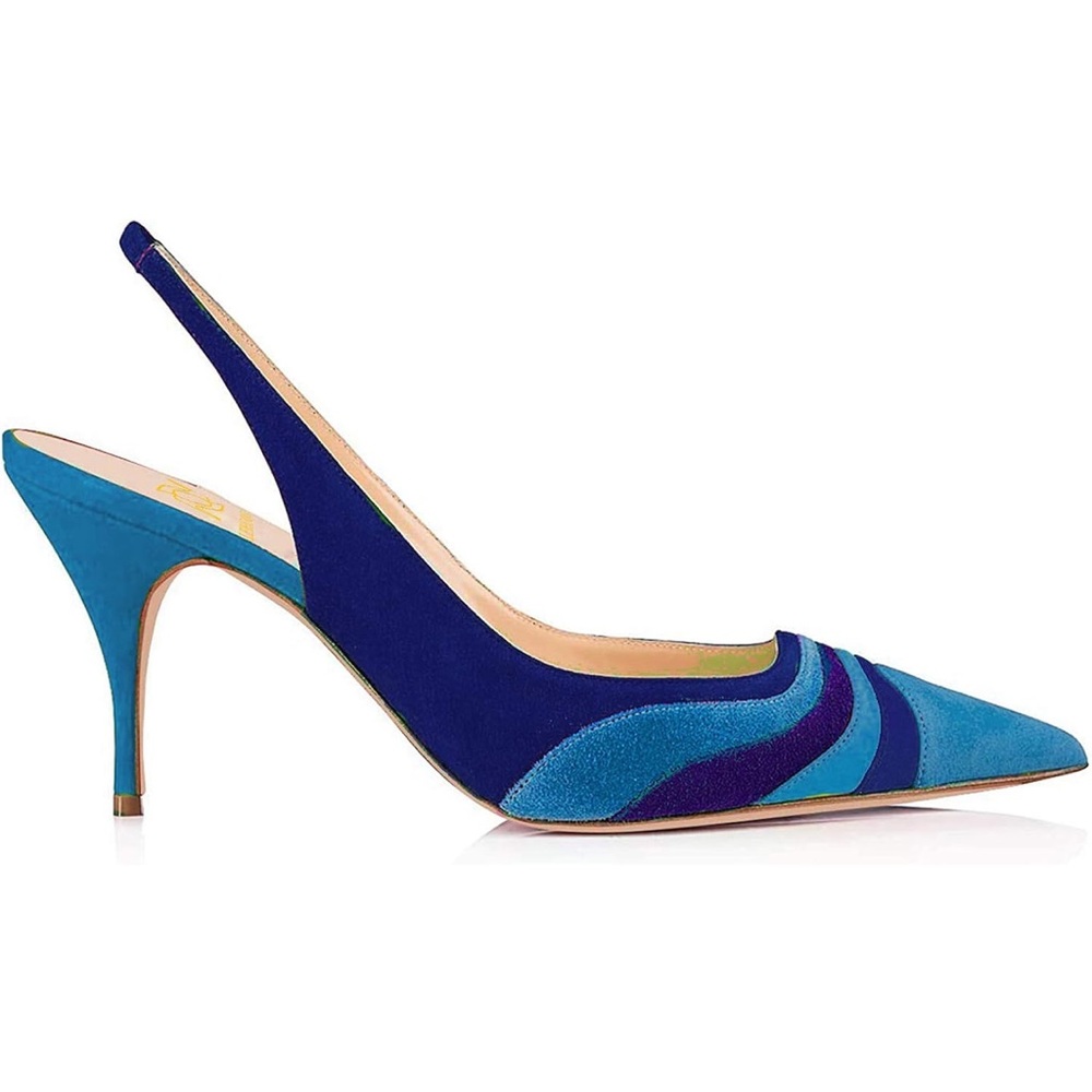 Rainbow Slingback Pumps Kitten Heels Pointed Toe Suede Pumps Stiletto Elastic - Picture 2 of 4